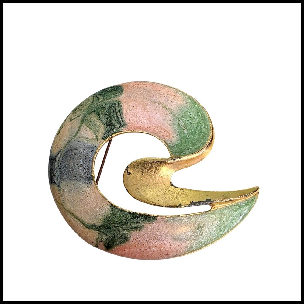 Vintage Abstract Swirl Enamel Brooch Gold Tone Marbled Green Pink Grey Pin‎
